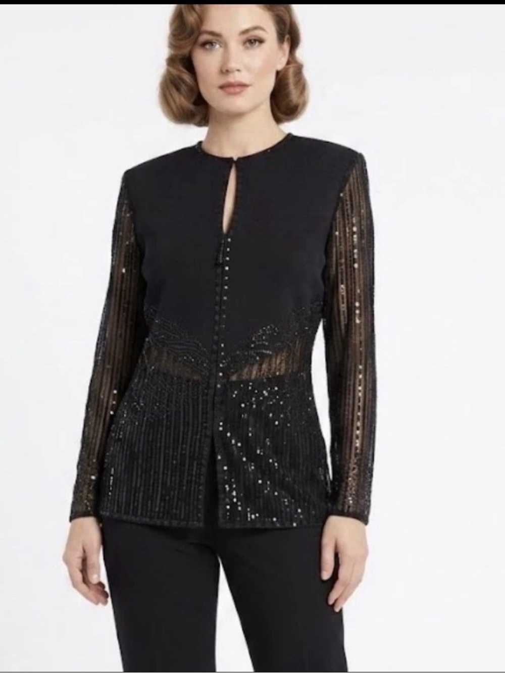 Vintage St. John Couture Black Beaded Sheer Sleeve Evening Jacket- 6